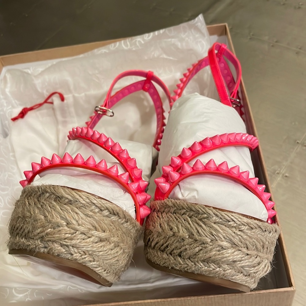 Christian louboutin mafaldina 120mm wedge espadrille pink neon sandal sz 37 - Picture 9 of 15